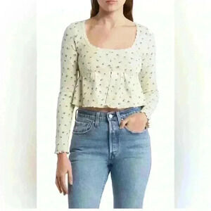 KIRIOUS Los Angeles Floral Babydoll Crop Top White Button Front Waffle Knit Sz L